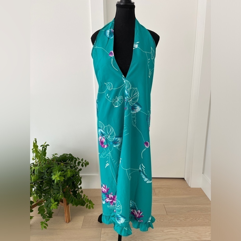 CATHERINE'S HONOLULU Vintage Swimsuit Coverup Halter Style Tropical Print Ruffle